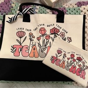 Teacher Floral Canvas Tote and Pencil Pouch Set - Pink & Black